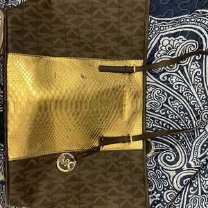 Michael Kors large Jet Setter. Brown and Gold embossed snakeskin